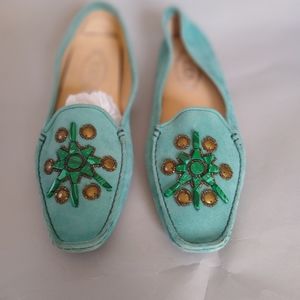 TOD'S Turquoise Embellished Driving moccasins